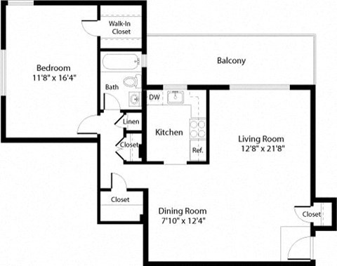 Floor plan for 1 bed, 1 bath, 820 sqft
